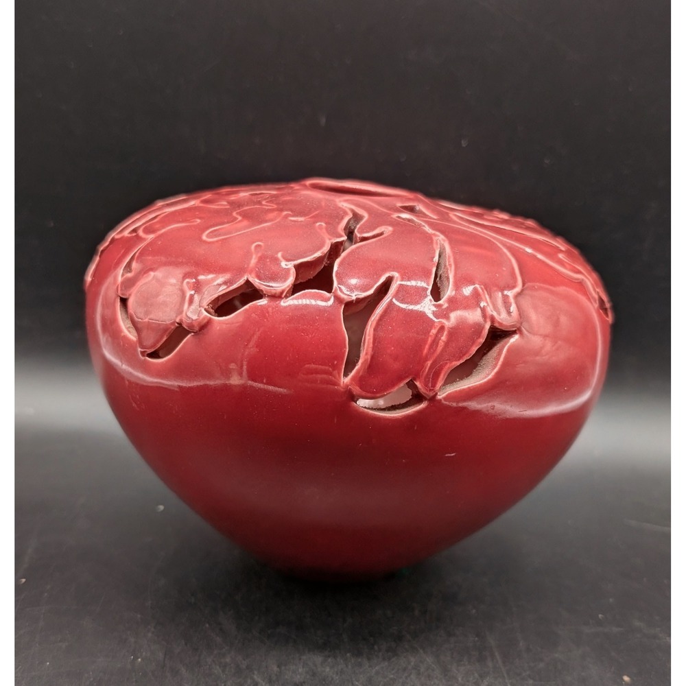 Seville Industries Oxblood Red Reticulated Pierced Leaf Ceramic Bud Vase